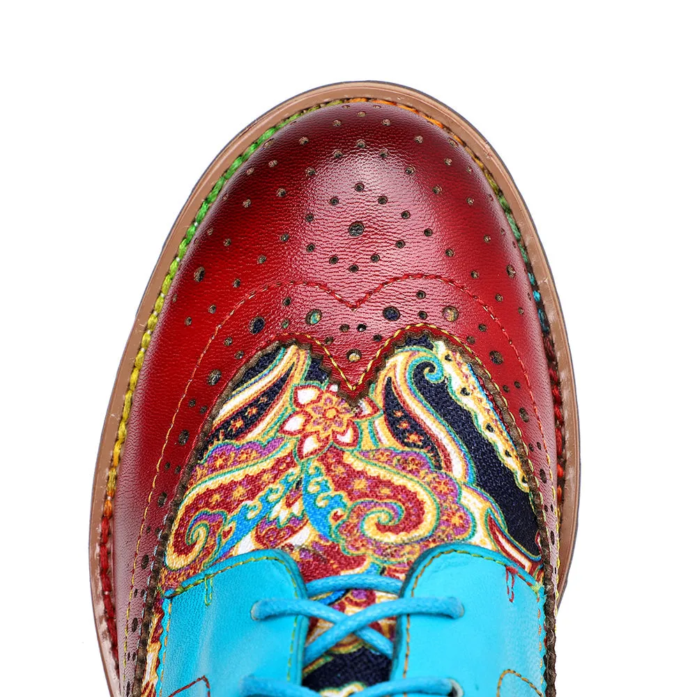 Women's Leather Oxford Shoes Perforated Lace up Wingtip Colorful Leather Oxfords