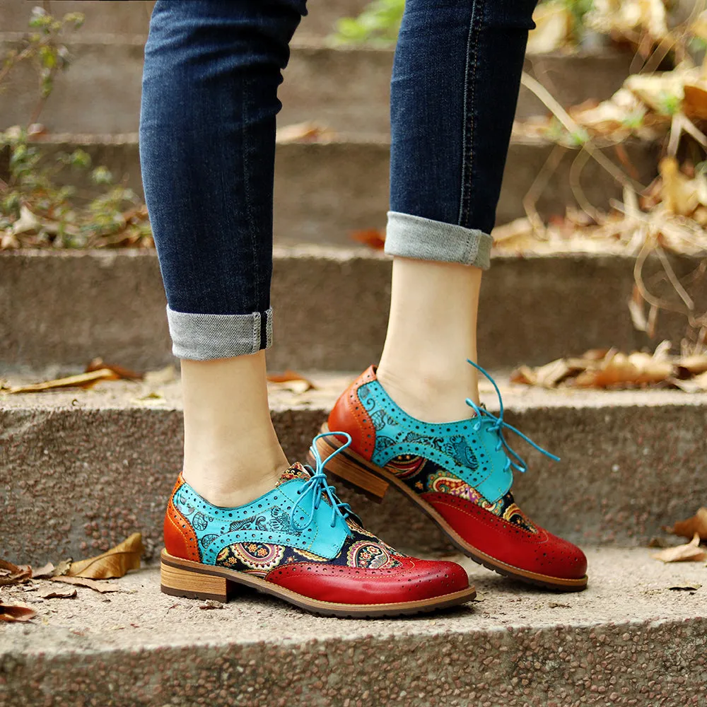 Women's Leather Oxford Shoes Perforated Lace up Wingtip Colorful Leather Oxfords