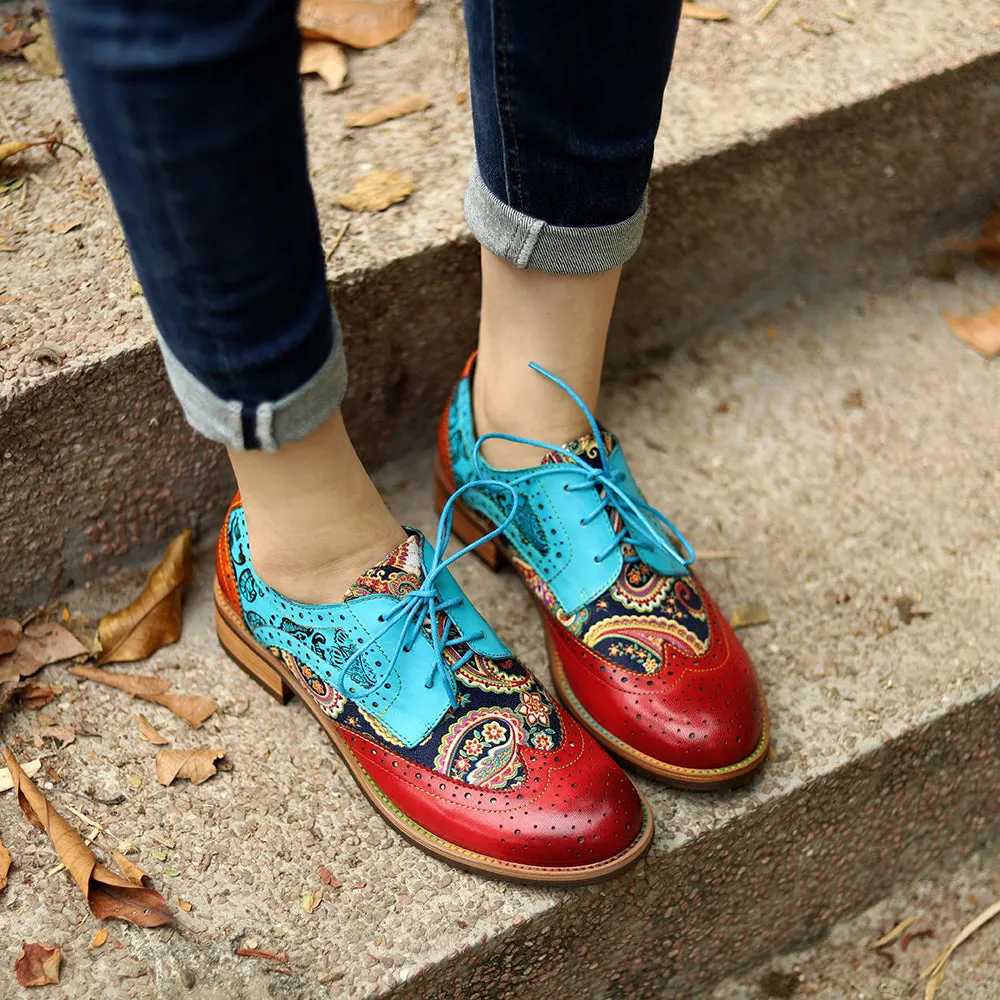 Women's Leather Oxford Shoes Perforated Lace up Wingtip Colorful Leather Oxfords