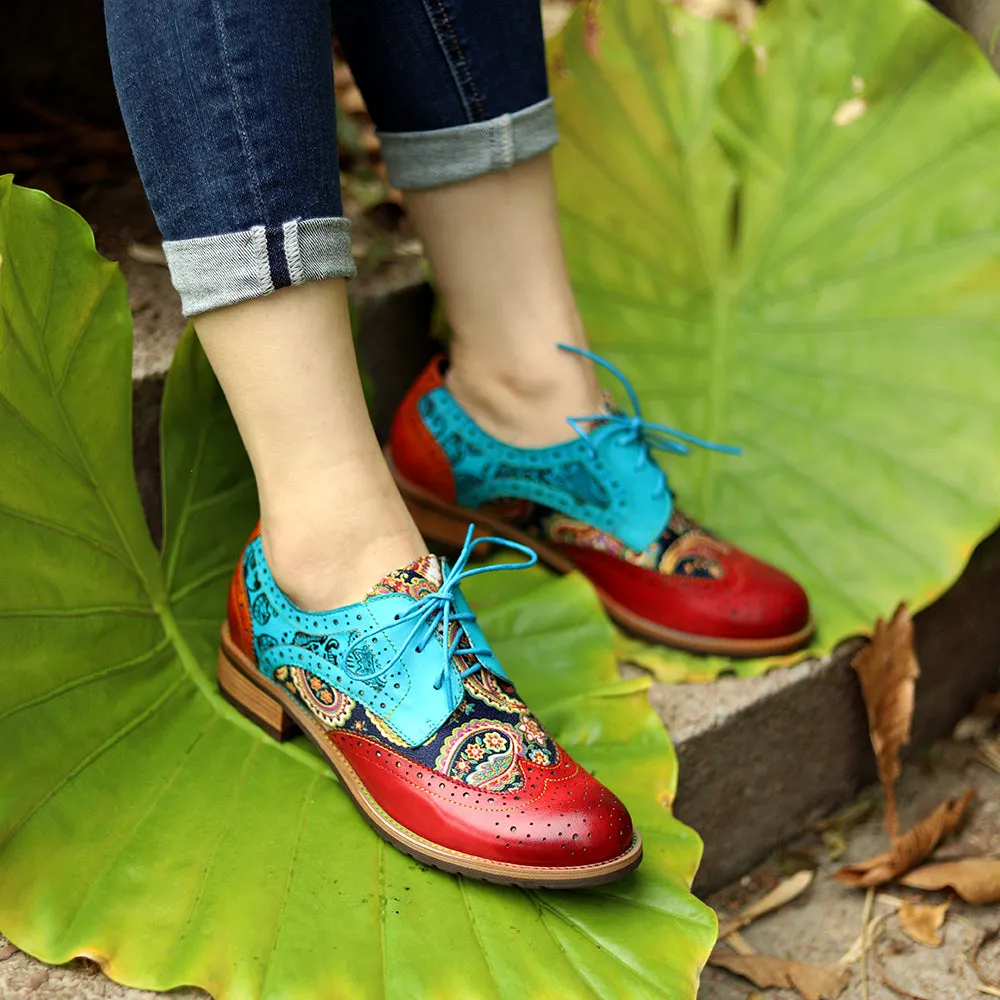 Women's Leather Oxford Shoes Perforated Lace up Wingtip Colorful Leather Oxfords