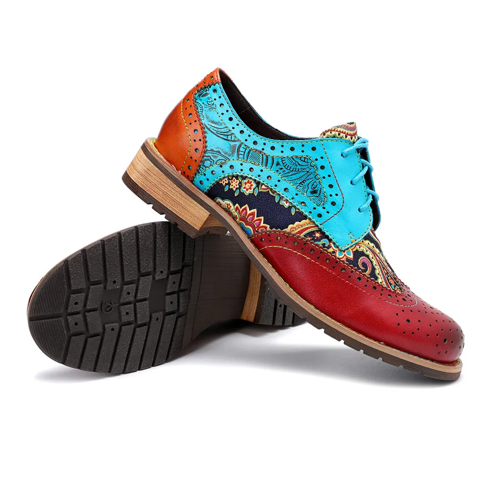 Women's Leather Oxford Shoes Perforated Lace up Wingtip Colorful Leather Oxfords