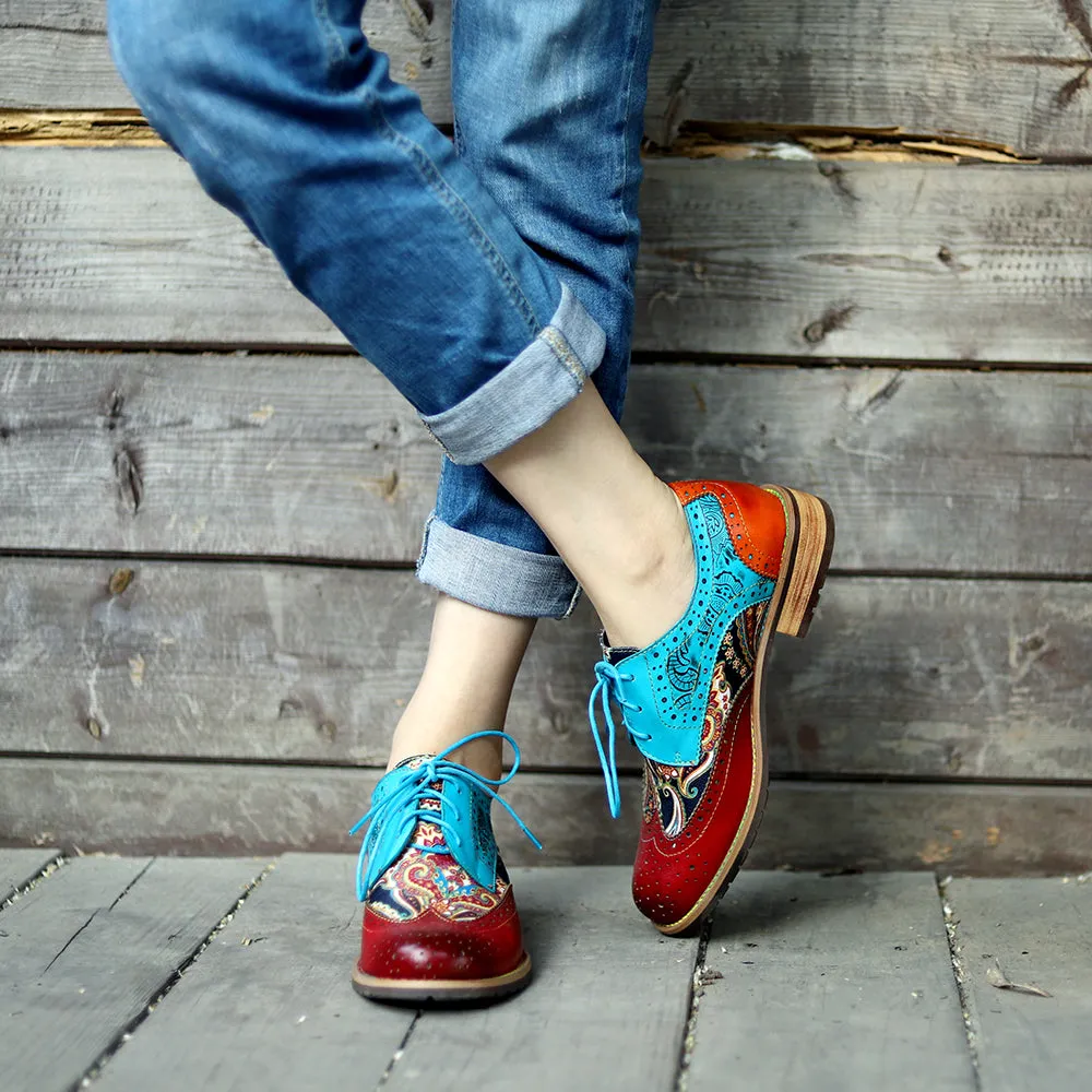 Women's Leather Oxford Shoes Perforated Lace up Wingtip Colorful Leather Oxfords